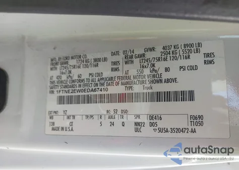 2014 Ford E-250 Commercial z USA, uszkodzony, nr VIN 1FTNE2EW0EDA67410